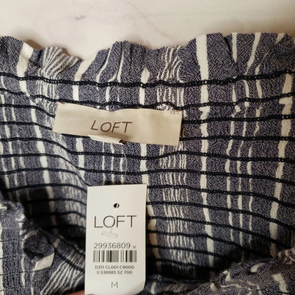 LOFT blue white stripe smocked ruffle tank top M - Picture 4 of 8